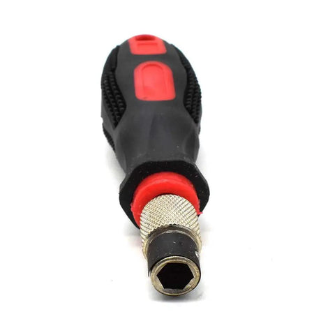 Front view of Three In One Countersink Set with black and red rubber grip handle for wood screws, deburring metal edges.