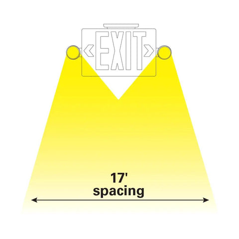 Diagram of Emergency APC7R Combo Unit LED Exit Sign With Dual Lights Red Letters, illustrating 17-foot spacing illumination.