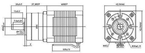 Technical diagram of Nema 17 Geared Stepper Motor with planetary gearbox 5 to 1 gear ratio, 0.35 degree step angle, bipolar 4 wire STEPPERONLINE.