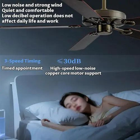 Modern Wooden Ceiling Fan With Remote Controlled Six Speed Settings Ultra Silent Motor 1100mm Blade Span in a bedroom setting.