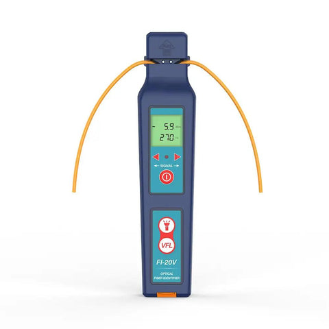 All-In-One Fiber Identifier And VFL Tester For FTTH, 800 To 1700nm, LED backlit, front view, handheld device with fibers attached.