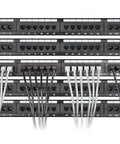 Slim Cat6 Ethernet Patch Cables 3 Ft, 10-Pack in rack installation, white 250 MHz snagless boot, 30 AWG bare copper, gold plated contacts.