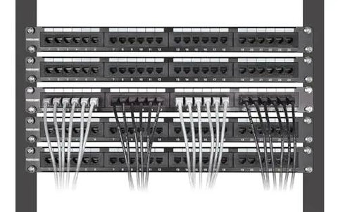 Slim Cat6 Ethernet Patch Cables 3 Ft, 10-Pack in rack installation, white 250 MHz snagless boot, 30 AWG bare copper, gold plated contacts.