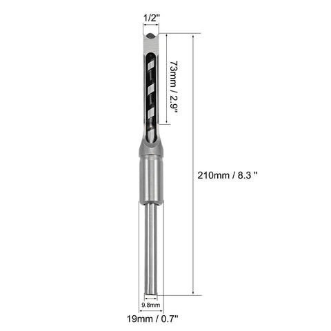 Half Inch Square Hole Drill Bit Featuring Hollow Chisel Mortiser Design And Carbon Steel Auger Spur Cutter showing dimensions and design details.