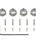 CR Aluminum Hex Hub Clamp Version 6mm Four Pack for TT 02B RC Cars displayed with screws and tool