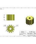 Technical drawing of Two Pack Brass Spur Gears, 0.5 Modulus, 12 Teeth, 3mm Bore, 5mm Gear Width, suitable for RC and machinery.