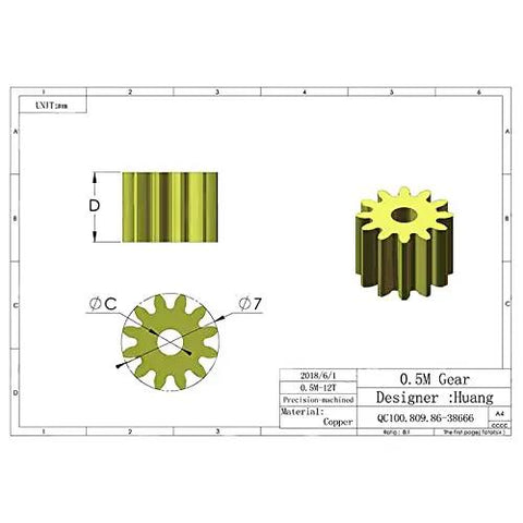 Technical drawing of Two Pack Brass Spur Gears, 0.5 Modulus, 12 Teeth, 3mm Bore, 5mm Gear Width, suitable for RC and machinery.