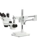 Simul Focal Trinocular Stereo Zoom Microscope With Dual Arm Boom Stand, 3.5X To 90X Magnification, Long Working Distance, A Real Workhorse For Circuit Boards, Dental Appliances, And Electronics Inspection, Includes 10X Eyepieces. White metal microscope on boom stand