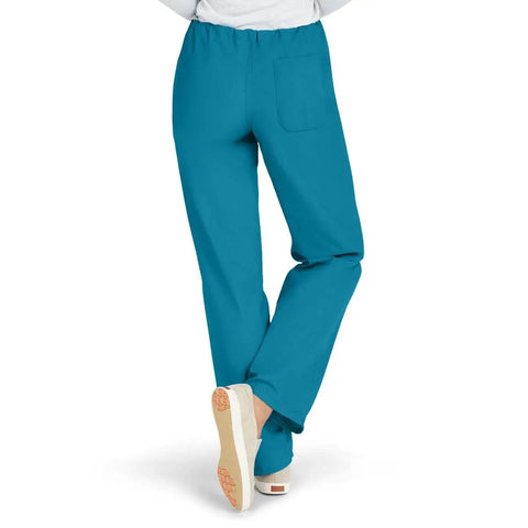 Unisex Reversible Scrub Pants With Drawstring Waist Built For Healthcare Heroes To Rock All Day Long Featuring Ultra Comfy Lightweight Stretch Fabric and Sleek Professional Look in teal color from the back view.