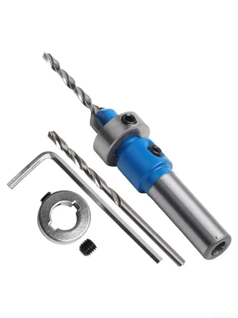 Pro Grade Adjustable Wood Countersink Drill Bit With Tungsten Steel Depth Limiter and accessories for precise tapered holes.