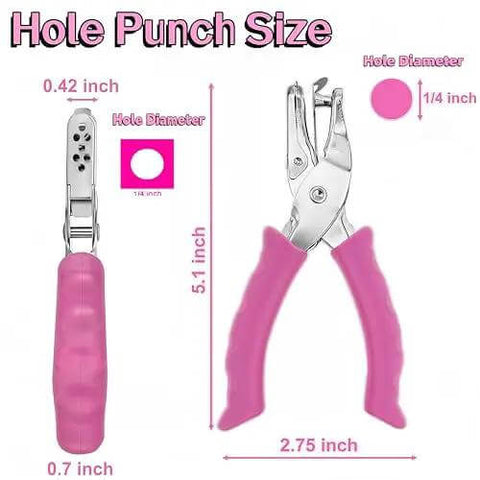 1/4 Inch Pink Handheld Circle Hole Punch For Crafting with size measurements and pink handle