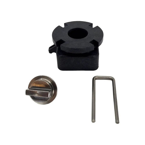 Heavy Duty EV To EVX Motor Adapter Kit components including black adapter, metal pin, and clasp for robust motor swaps.