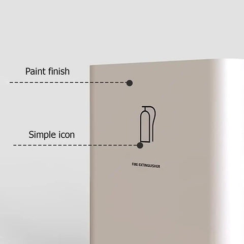 Detailed view of Heavy Duty Stainless Steel Fire Extinguisher Cabinet Built Different For Indoor Outdoor Wall Mount showing paint finish and icon.