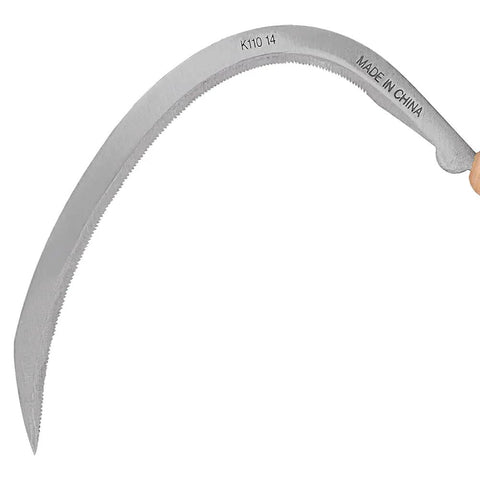 14 Inch Serrated Curved Blade Landscape Scythe With Wooden Handle For Easy Weeding And Lawn Care Carbon Steel Blade Built For Tough Garden Jobs Durable Yard Work Tool For Backyards, showing serrated curved blade