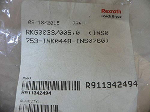 Label of Single RKG0033/005.0 servo motor cable packaging, OEM compatible with Bosch Rexroth systems, showing date and part number.