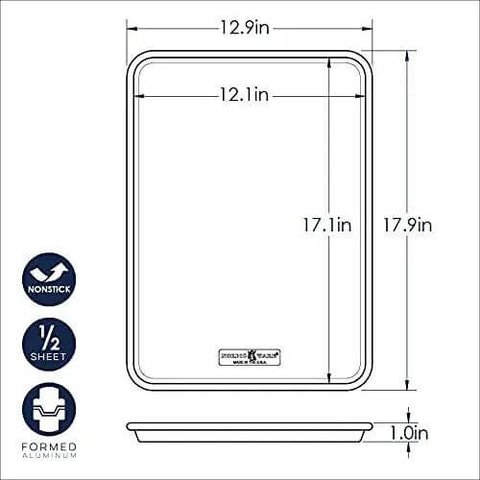 Diagram of Nonstick Aluminum Half Sheet Pan 13 By 18 Inches with Reinforced Steel Rim, showing dimensions and features.