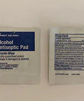 Two First Aid Only alcohol antiseptic pad packets, blue-labeled front view and back drug-facts view