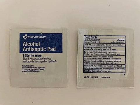 Alcohol antiseptic pad packet (front view); white with blue panel, First Aid Only brand