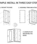 Diagram showing installation steps for 30 Inch Media Enclosure For Home Networking And Cable Management, Recessed White ABS Box