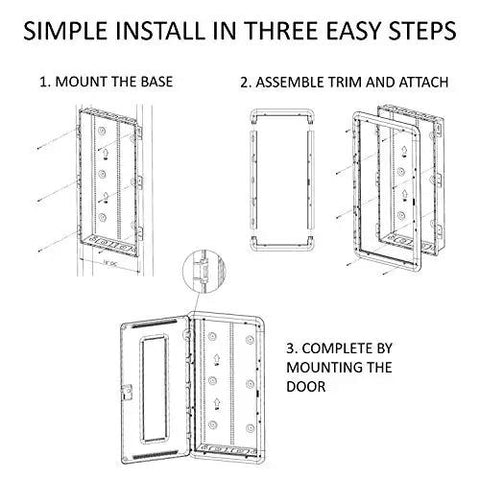 Diagram showing installation steps for 30 Inch Media Enclosure For Home Networking And Cable Management, Recessed White ABS Box