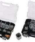 Two Piece Interlocking Tool Box Organizer With Thirty Six Compartments For Tools And Small Parts Pro Grade Stackable Heavy Duty Storage Case For Garage Workshop Or Vehicle showing open compartments with various parts