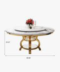 Kickback Ready Round Marble Dining Table Built For Epic Weekend Hangouts Featuring A Smooth White Spinning Lazy Susan And Bold Gold Stainless Steel Base Stretching Fifty Nine Inches Wide.