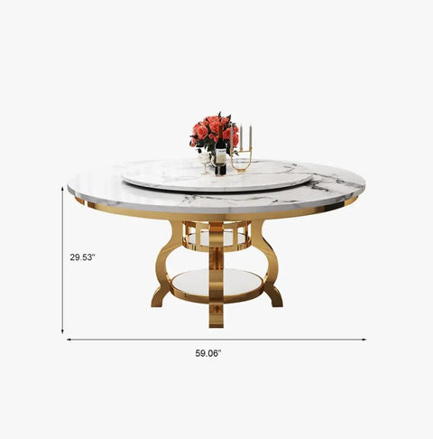 Kickback Ready Round Marble Dining Table Built For Epic Weekend Hangouts Featuring A Smooth White Spinning Lazy Susan And Bold Gold Stainless Steel Base Stretching Fifty Nine Inches Wide.