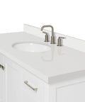 Straight Up Premium 55 Inch Single Sink Bathroom Vanity Built From Real American White Oak Solid Wood Cabinet Featuring Knockout Pure White Quartz Countertop with Sink and Faucets.