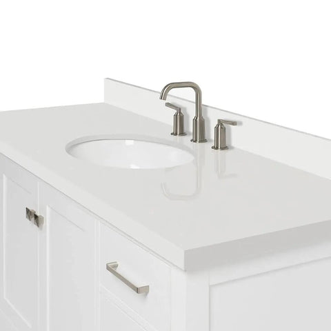 Straight Up Premium 55 Inch Single Sink Bathroom Vanity Built From Real American White Oak Solid Wood Cabinet Featuring Knockout Pure White Quartz Countertop with Sink and Faucets.