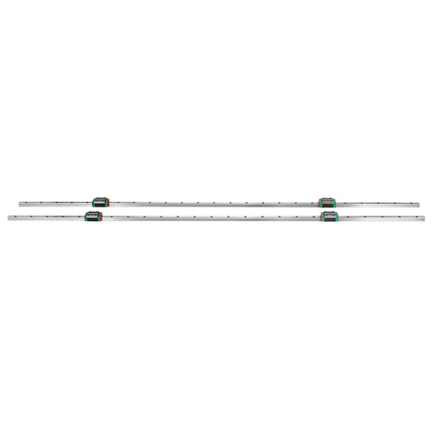 Two HSR15 1500mm aluminum linear rails with four green/black square carriage blocks
