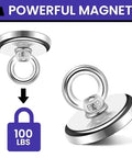 Two neodymium fishing magnets with eyebolt rings; 100 lb pull, 1.26 in diameter, silver finish