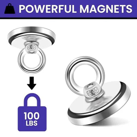 Two neodymium fishing magnets with eyebolt rings; 100 lb pull, 1.26 in diameter, silver finish