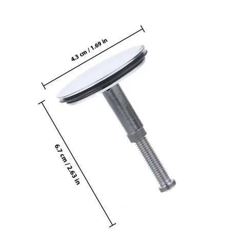 2pcs Brass Bathtub Drain Plug with Rotating Flat Seal for Leak Control shown with dimensions, chrome finish, and rubber seal.