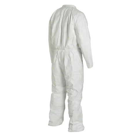 Back view of white 400 TY120S Disposable Protective Coverall With Comfort Fit For Maximum Mobility White 5X Large Pack Of 25 Reinforced High Stress Seams