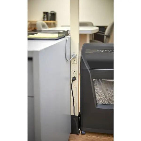 Top Shelf Extruded Aluminum Service Pole With Two 20 Amp 125 Volt Duplex Receptacles, Straight Reliable Outdoor Electrical Post, Built Like A Tank Ivor Utility Plug Stand At 146 Inches Tall with cords connected.