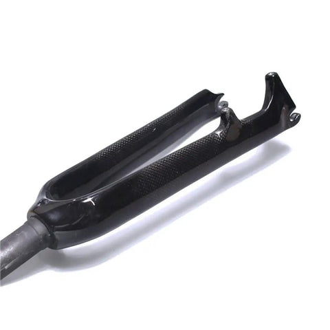 Glossy black fully carbon 20 inch BMX front fork with axle to crown 451mm, straight blade, disc brake ready, lightweight design.