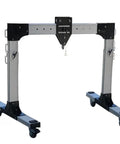 Real Deal Portable Gantry Crane With Electric Winch And Chain Ratchet designed for lifting in workshops, featuring adjustable aluminum legs.