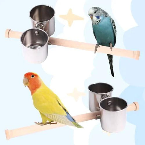 Front view: Amazon Bird feeder cups with clamp mount on wood perch; two stainless steel cups for food and water.