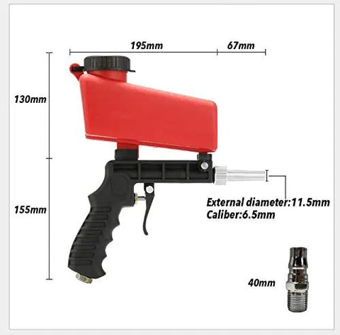 Get The Job Done With This Slick 90 Psi Gravity Feed Sandblaster Gun Kit Featuring Dual Nozzle Tips And Smooth Air Regulator For Zero Hassle Rust And Paint Removal, red sandblaster gun with measurements.