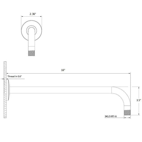 Diagram of a 16 Inch Shower Extension Arm in Brushed Nickel with Flange for Wall Mounted Rain Shower Head, 90 Degree Long Pipe with dimensions