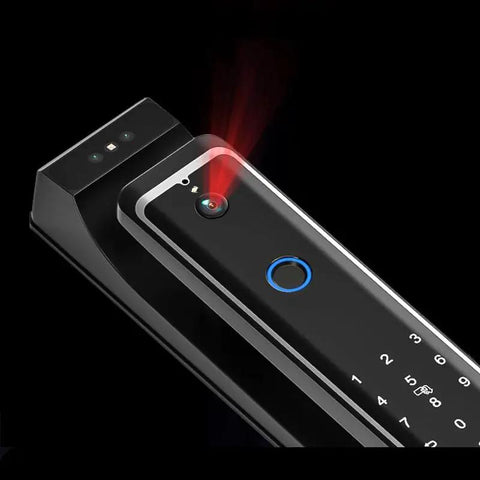 Heavy Duty Smart Door Lock With Fingerprint Scanner And Video Intercom Visual Monitor, close-up view showing camera and scanner.
