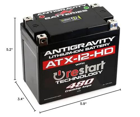 Heavy Duty Lithium Motorcycle And Powersport Battery With Built In Jump Starting 8Ah For ATV Quad UTV Scooter Lawn Mower Generator No Jump Starter Needed Restart Technology Fits Harley Honda Kawasaki shown with dimensions