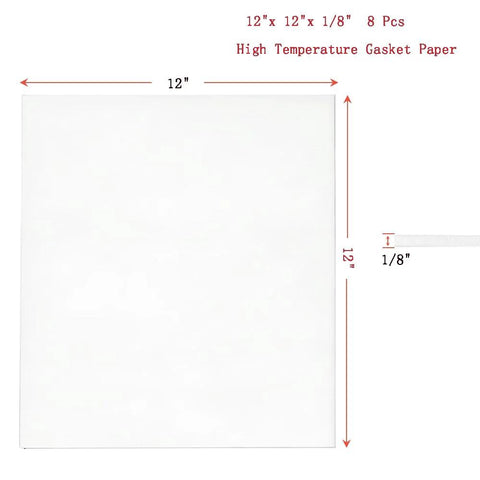 Front view of white gasket paper sheet, 12 by 12 inches, 1/8 inch thick.