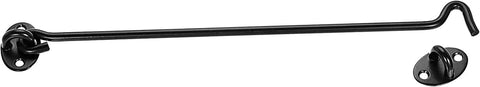 Cabin Hook and Snap Latch for Gate Revolving Door Window 201 with Screws, black metal latch and hook shown from side angle.
