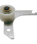 Complete Dryer Idler Pulley Assembly With Bracket For Easy Bolt On Install, Keeps Drive Belt Tension Steady To Preserve Smooth Drum Rotation And Quiet Operation, DIY Friendly Replacement. White plastic pulley with steel bracket.