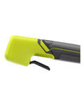 Cordless 18V Leaf Blower With 100 MPH Air And 350 CFM, Variable Speed Trigger close-up, jet fan design, tool only, green and black handle.