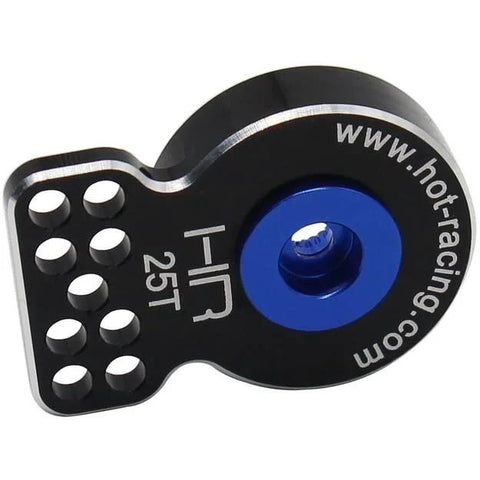 Close-up of Hot Racing aluminum servo saver, black with blue center screw, 25T SHS88H25