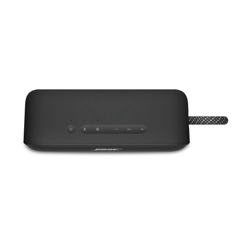 Top view of SoundLink Plus Portable Bluetooth Speaker For Outdoors With Waterproof And Dustproof Build Plus Up To 20 Hours Battery Life And Boomin Bass For Beach Hangouts Grilling Sessions And Road Trips Black showing controls and handle.