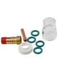 Upgrade Your Rig With This Awesome 8 Piece TIG Torch Kit For Wp 17 And 18 Models Featuring Stubby Gas Lens #12 Heat Resistant Glass Cup Collet Body Nozzle Insulators And O Rings, components laid out.