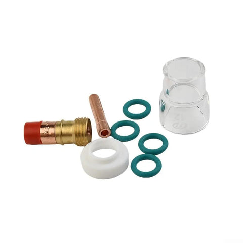 Upgrade Your Rig With This Awesome 8 Piece TIG Torch Kit For Wp 17 And 18 Models Featuring Stubby Gas Lens #12 Heat Resistant Glass Cup Collet Body Nozzle Insulators And O Rings, components laid out.